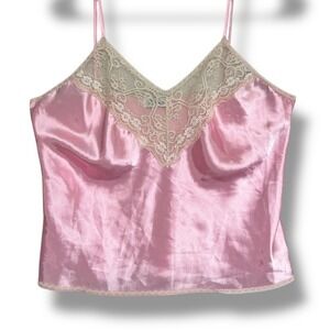 Vintage Pollinaise Pink Satin Lace Camisole Tank Cami Top Made in USA Womens M